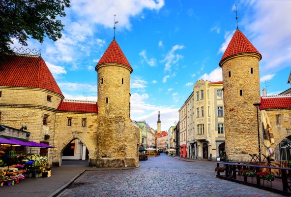 Twin towers of Viru Gate in the old town of Tallinn, Estonia